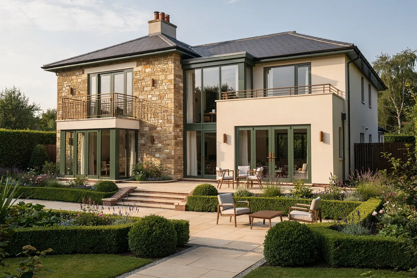 Conceptual summer photograph of a modern British home and landscaped exterior. Seasonal atmosphere, not a client property.