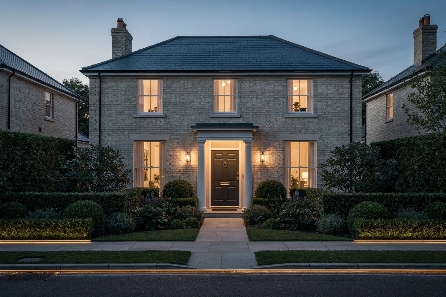 Conceptual early-evening photograph of a quiet residential frontage. Not a security incident and not a client property.