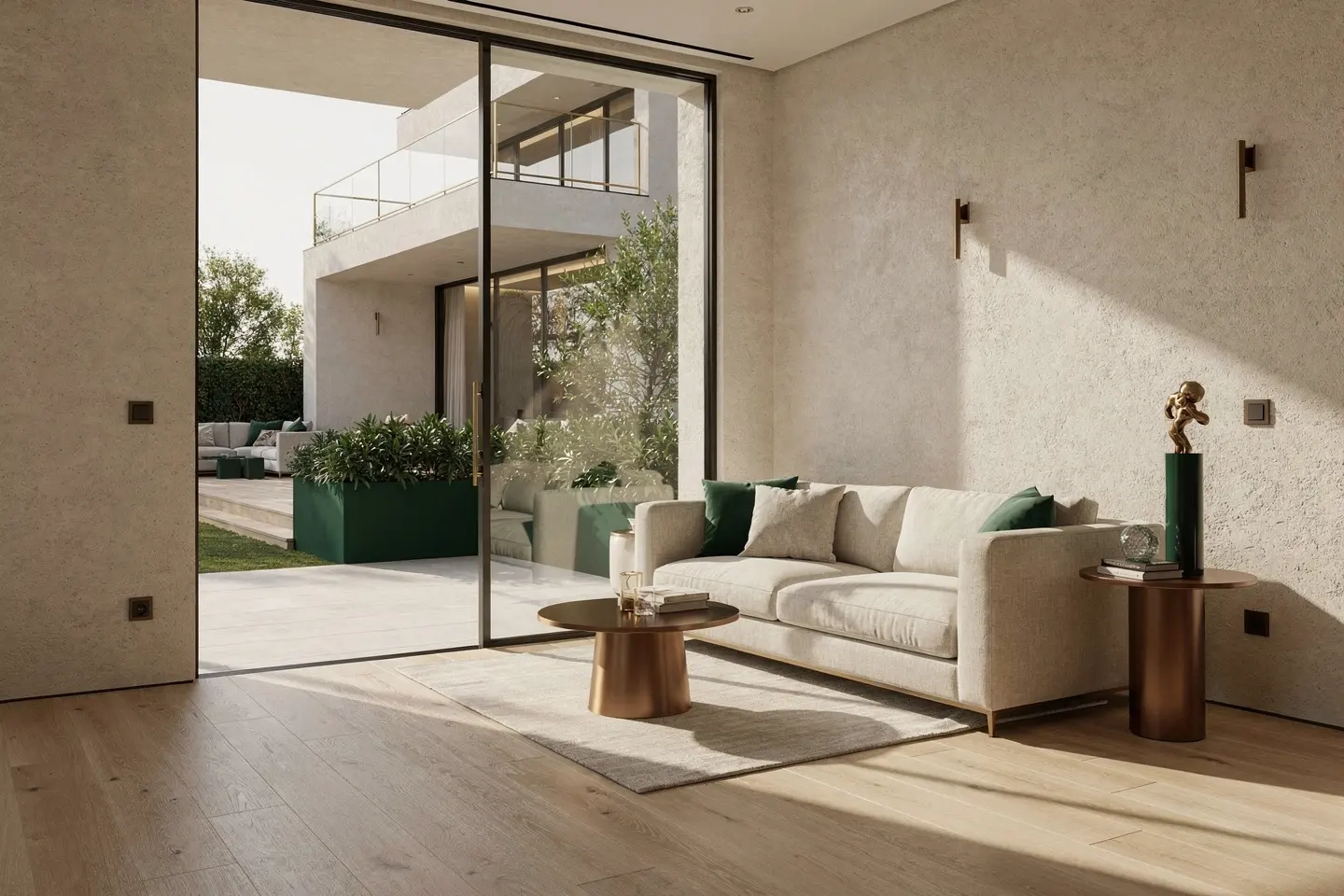 Conceptual property-oversight atmosphere combining a calm interior and exterior. Illustrative, not a record of a visit.