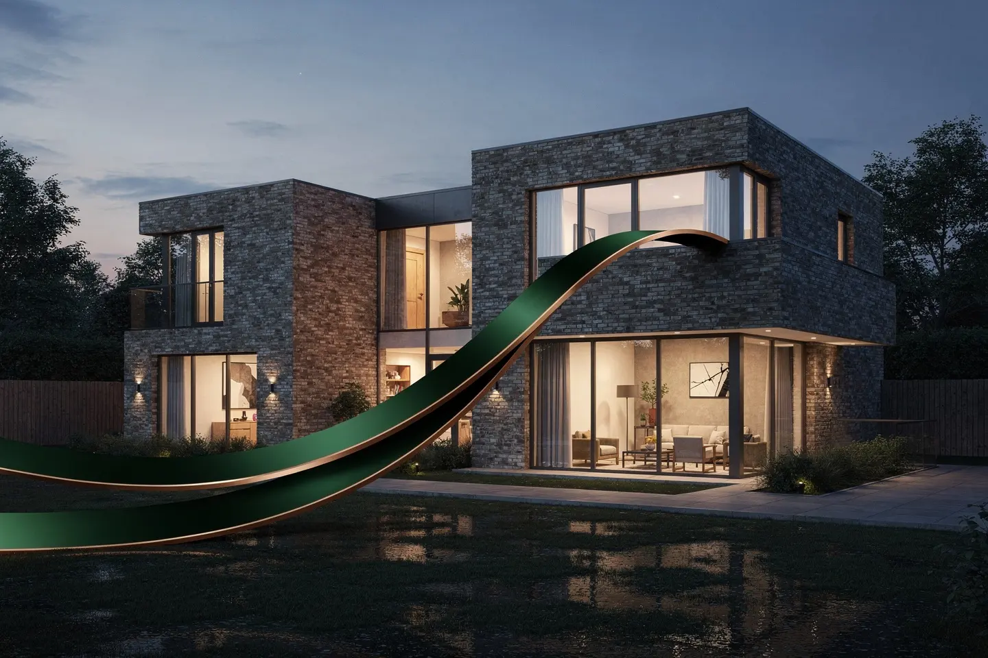 Conceptual image of a contemporary home with a fine green line extending beyond the frame, suggesting an owner connection from elsewhere.