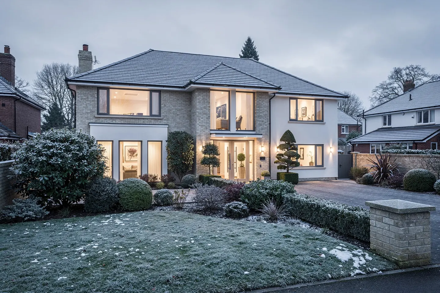 Conceptual winter photograph of a contemporary British home with warm interior light. Seasonal atmosphere, not a client property.