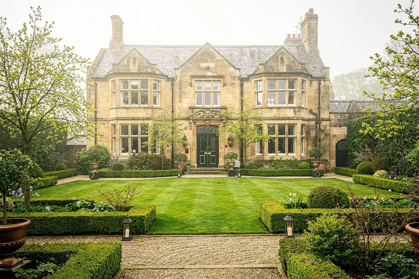 Conceptual spring photograph of a British residential home and garden. Seasonal atmosphere, not a client property.