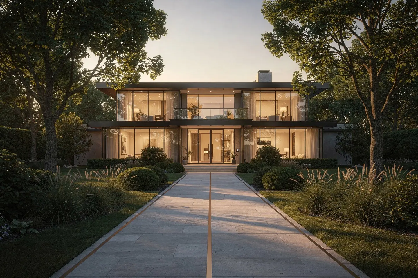 Conceptual golden-hour photograph of a calm house entrance. Illustrative arrival atmosphere, not a prepared client home.