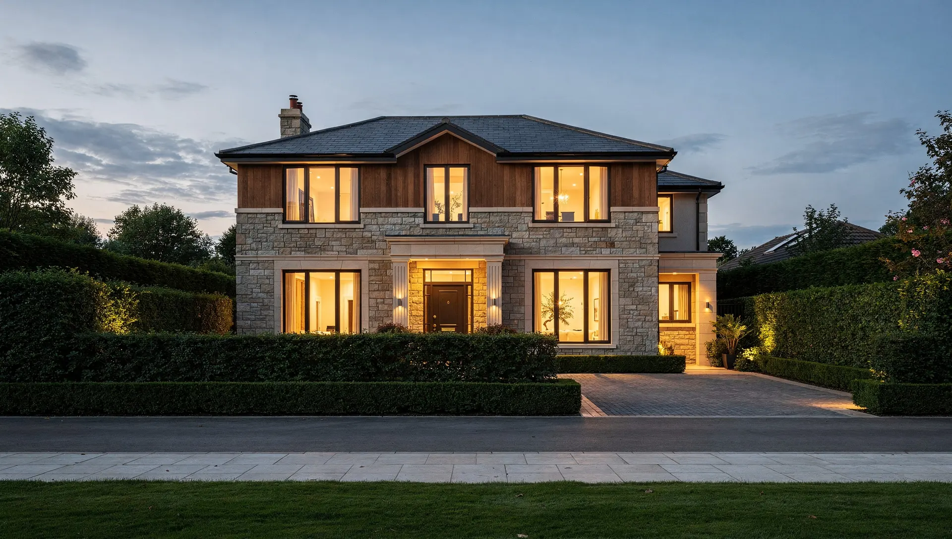 Conceptual photograph of a contemporary British home at dusk with warm interior light. Atmospheric illustration, not a City Root client property.