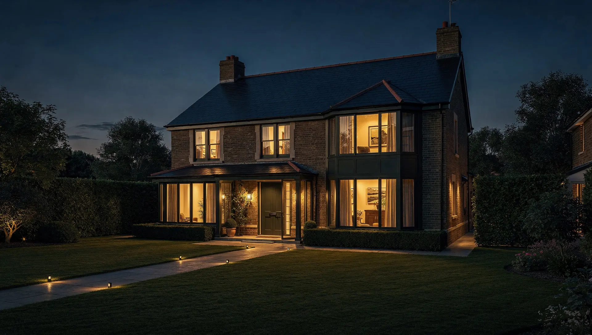 Conceptual nightfall photograph of a British home with warm windows and a dark green setting. Atmospheric, not a client property.